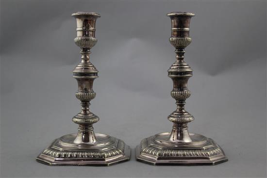 A pair of plated candlesticks, in George II style, 16.5cm.